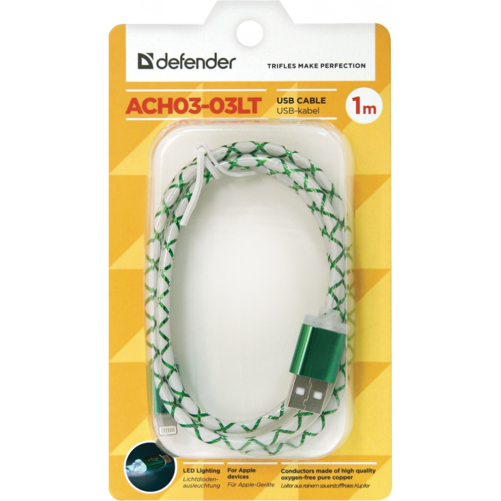 Дата кабель USB 2.0 AM to Lightning 1.0m ACH03-03LT GreenLED backlight Defender (87553) - 2