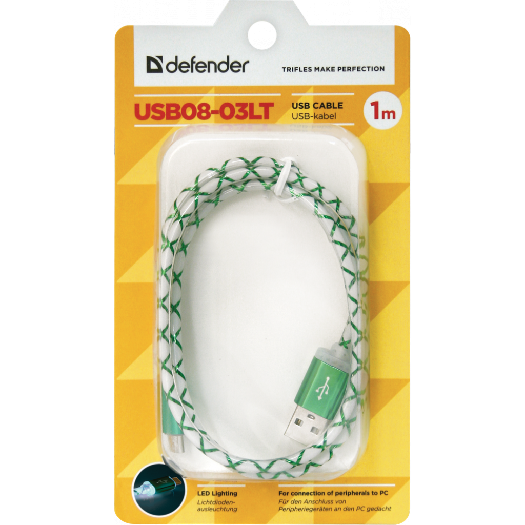 Дата кабель USB08-03LT USB - Micro USB, GreenLED backlight, 1m Defender (87557) - 2