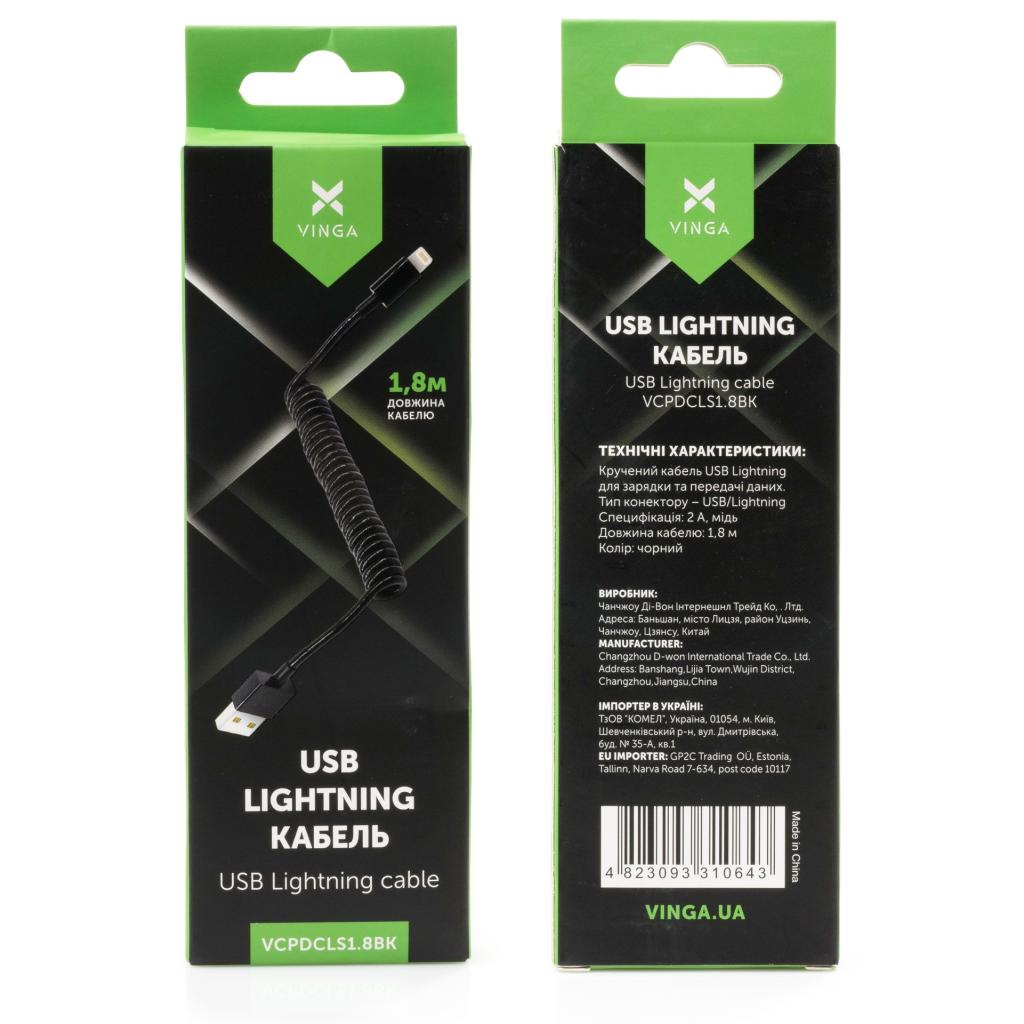 Дата кабель USB 2.0 AM to Lightning 1.8m Spring black Vinga (VCPDCLS1.8BK) - 3