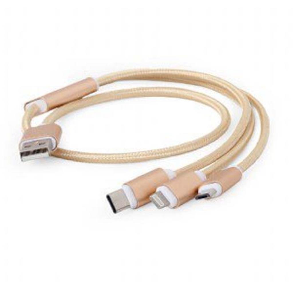 Дата кабель USB 2.0 AM to Lightning + Micro 5P + Type-C 1.0m gold Cablexpert (CC-USB2-AM31-1M-G) - 1