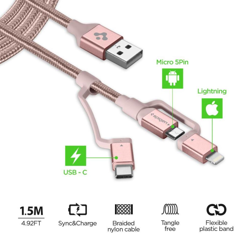Дата кабель USB 2.0 AM to Lightning + Micro 5P + Type-C Essential gold Spigen (000CB23018) - 7