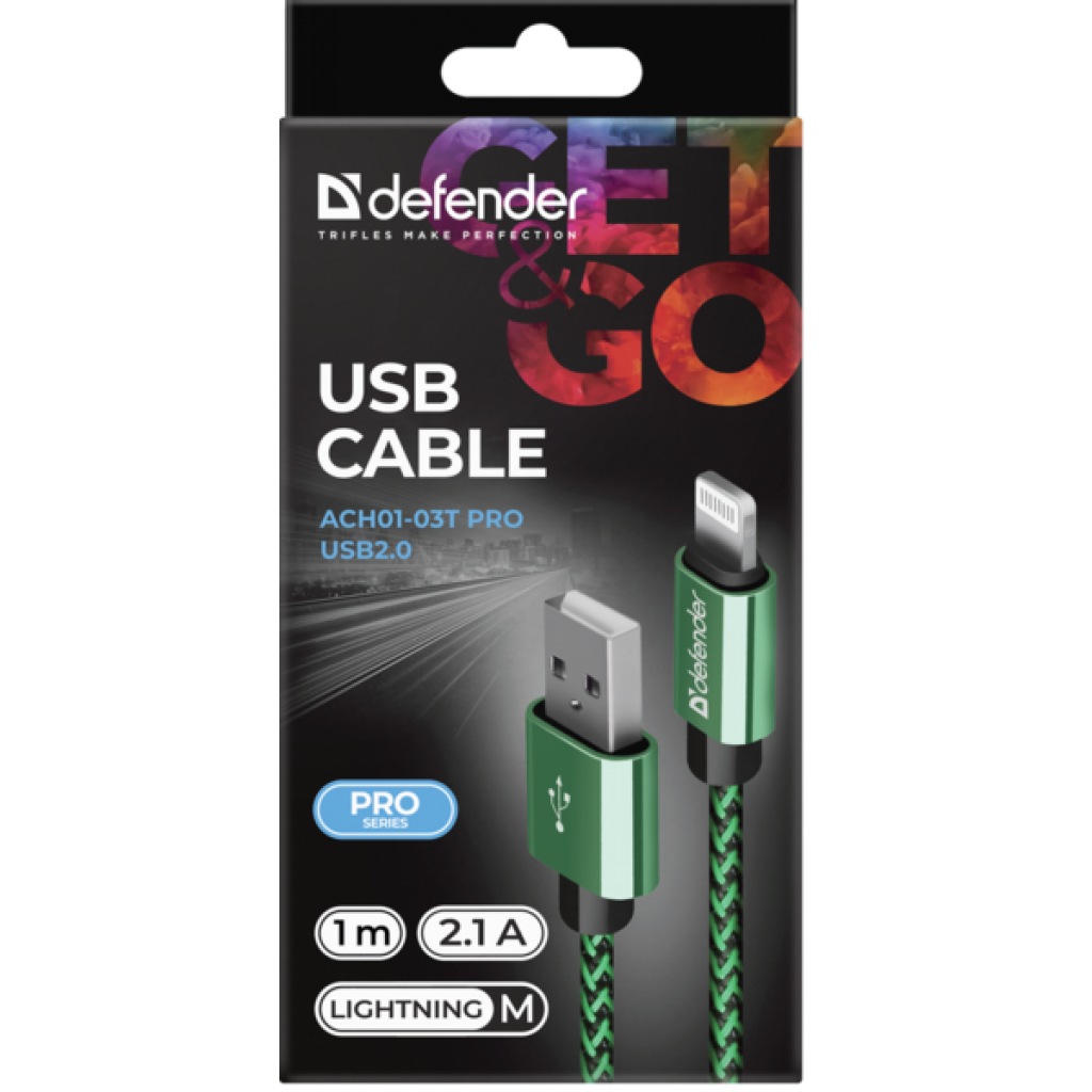 Дата кабель USB 2.0 AM to Lightning 1.0m ACH01-03T 2.1A green Defender (87810) - 2 Дата кабель USB 2.0 AM to Lightning 1.0m ACH01-03T 2.1A green Defender (87810) - 2