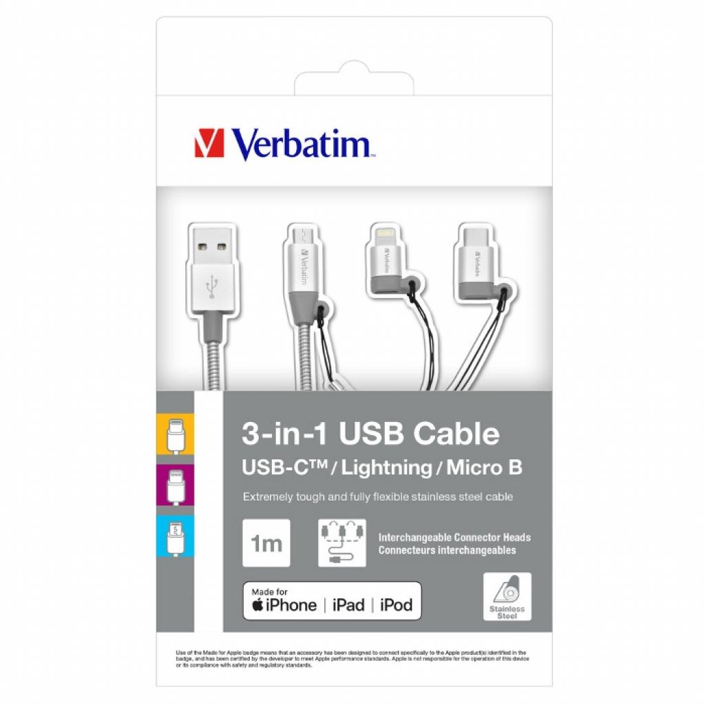 Дата кабель USB 2.0 AM to Lightning + Micro 5P + Type-C 1.0m silver Verbatim (48870) - 2