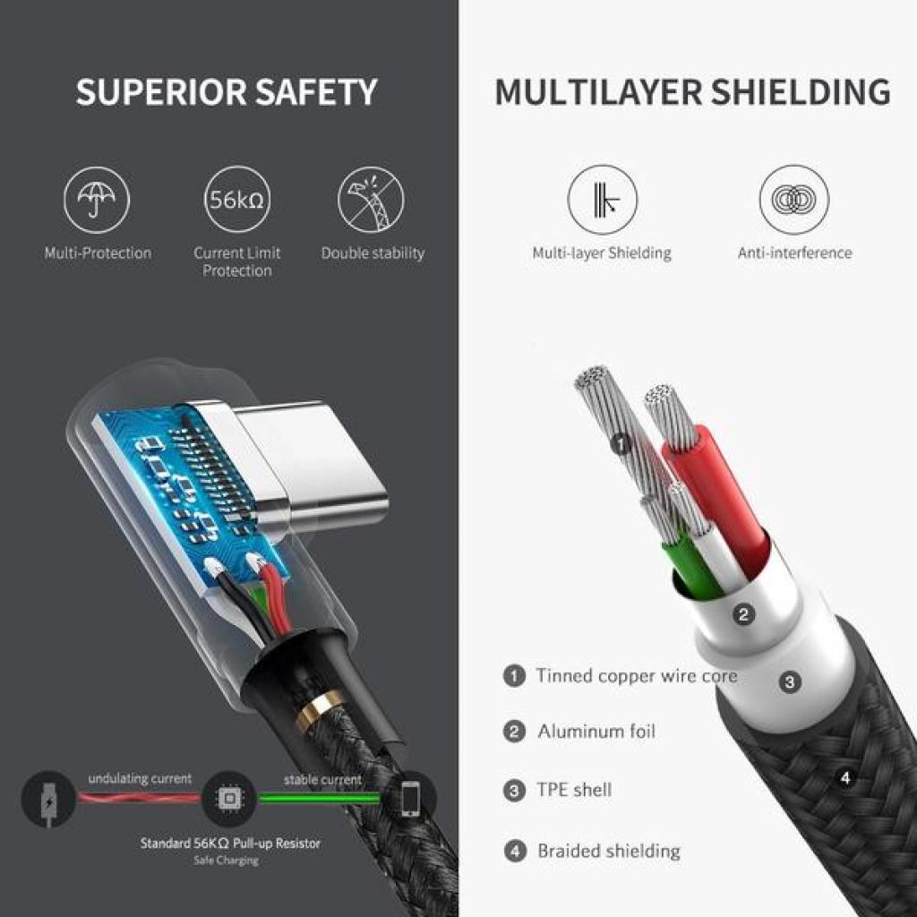 Дата кабель USB 2.0 AM to Type-C 1.0m US284 Angled Alum. Braid Black Ugreen (50941) - 5 Дата кабель USB 2.0 AM to Type-C 1.0m US284 Angled Alum. Braid Black Ugreen (50941) - 5