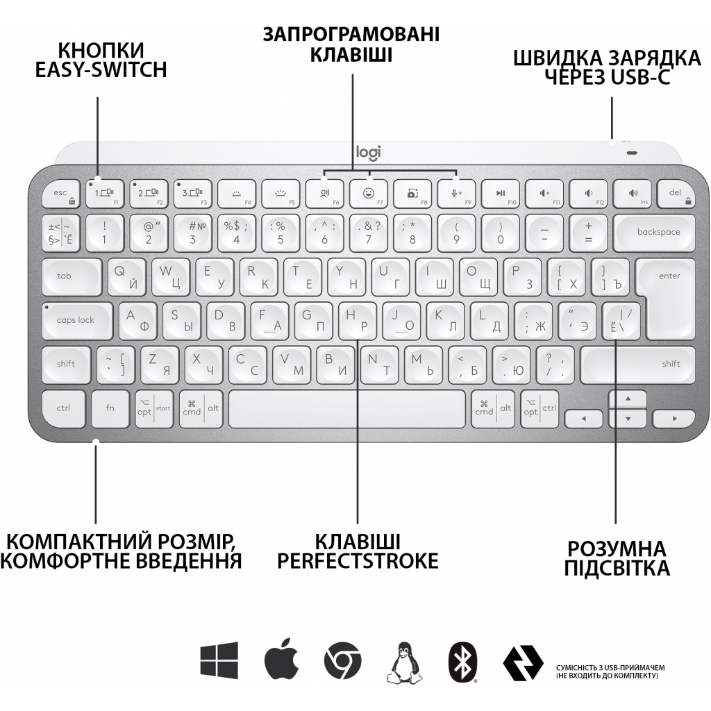 Клавиатура Logitech MX Keys Mini Wireless Illuminated Pale Grey (920-010502) - 4 Клавиатура Logitech MX Keys Mini Wireless Illuminated Pale Grey (920-010502) - 4