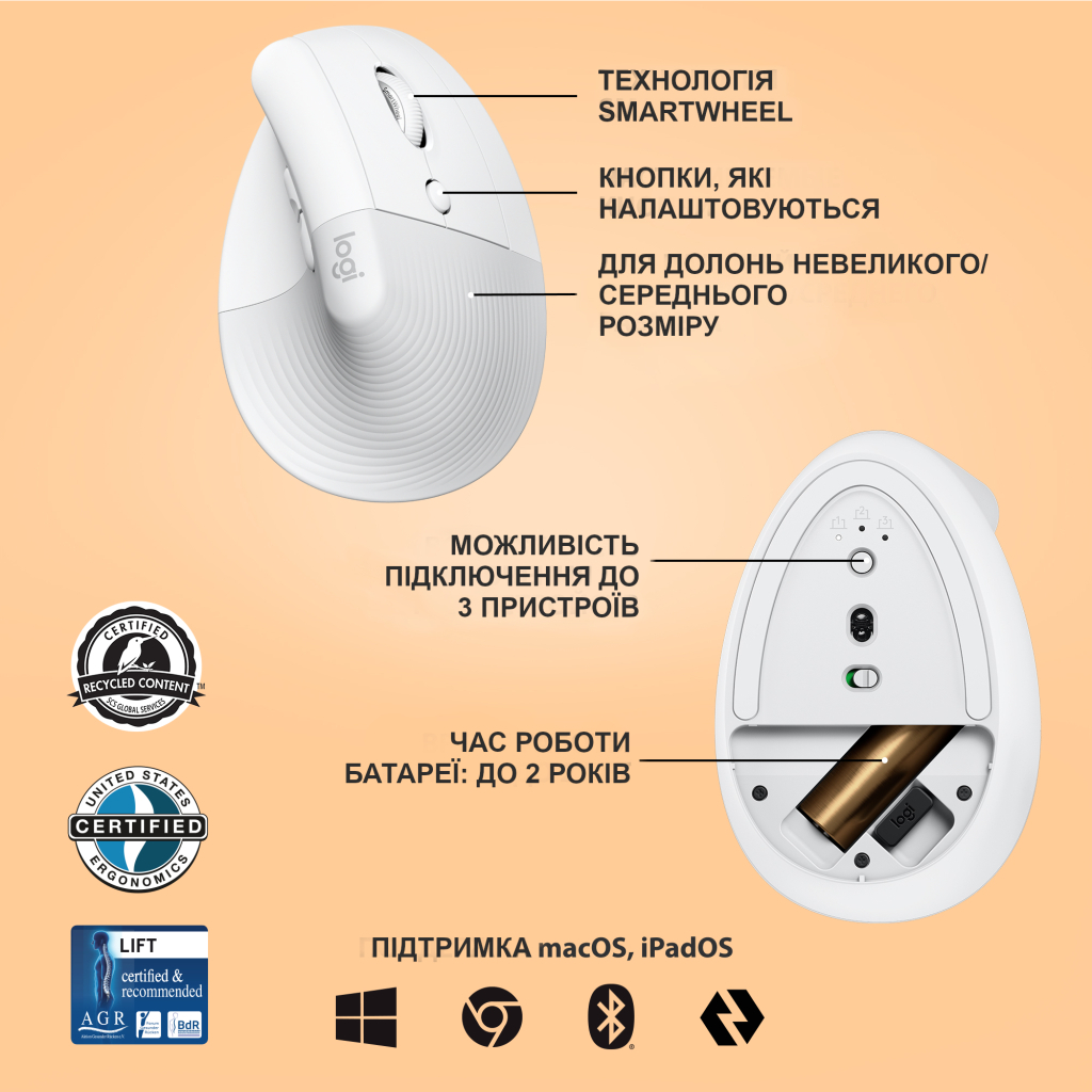 Мышка Logitech Lift Vertical Ergonomic Wireless/Bluetooth White (910-006475) - 5
