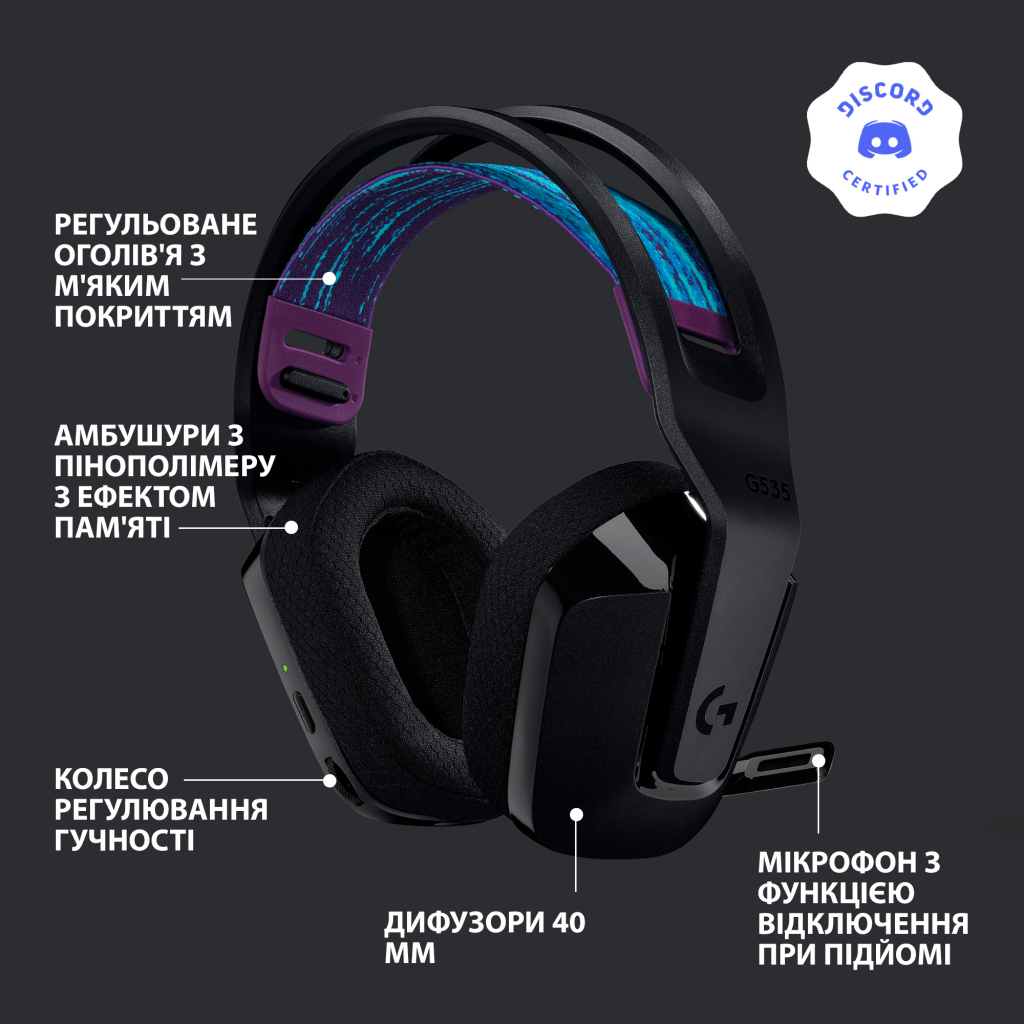 Наушники Logitech G535 Lightspeed Wireless Gaming Headset Black (981-000972) - 5