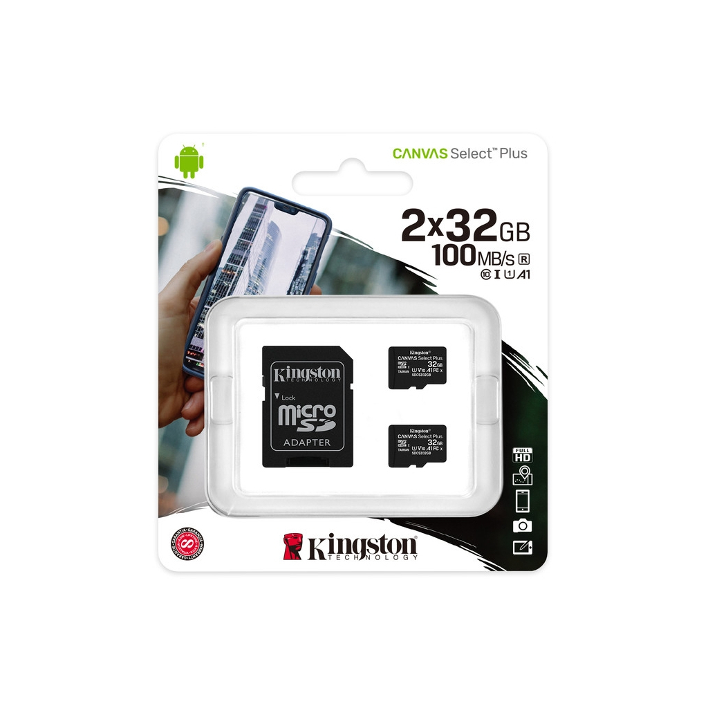 Карта памяти Kingston 2x32GB microSD class 10 U1 V10 A1 Canvas Select Plus (SDCS2/32GB-2P1A) - 2