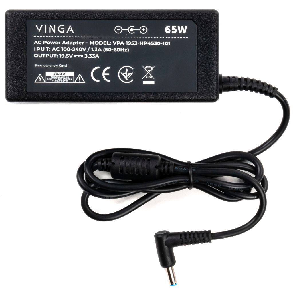 Блок питания к ноутбуку Vinga HP 65W 19.5V 3.33А 4.5*3.0 (VPA-1953-HP4530-101) - 1
