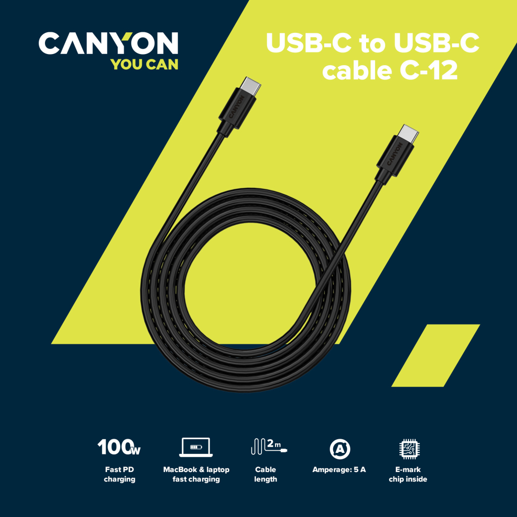 Дата кабель USB-C to USB-C 2.0m 100W 20V/ 5A black Canyon (CNS-USBC12B) - 2