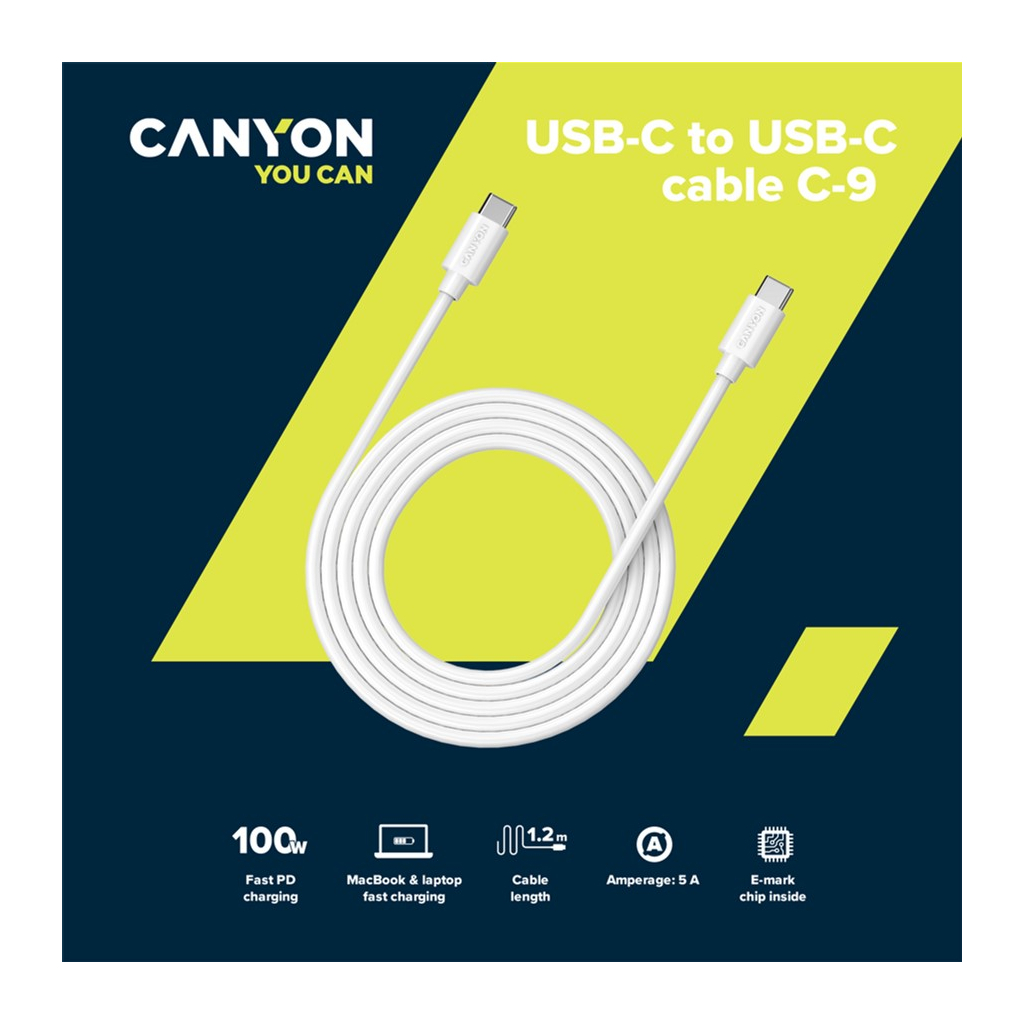 Дата кабель USB-C to USB-C 1.2m 100W 20V/ 5A white Canyon (CNS-USBC9W) - 2