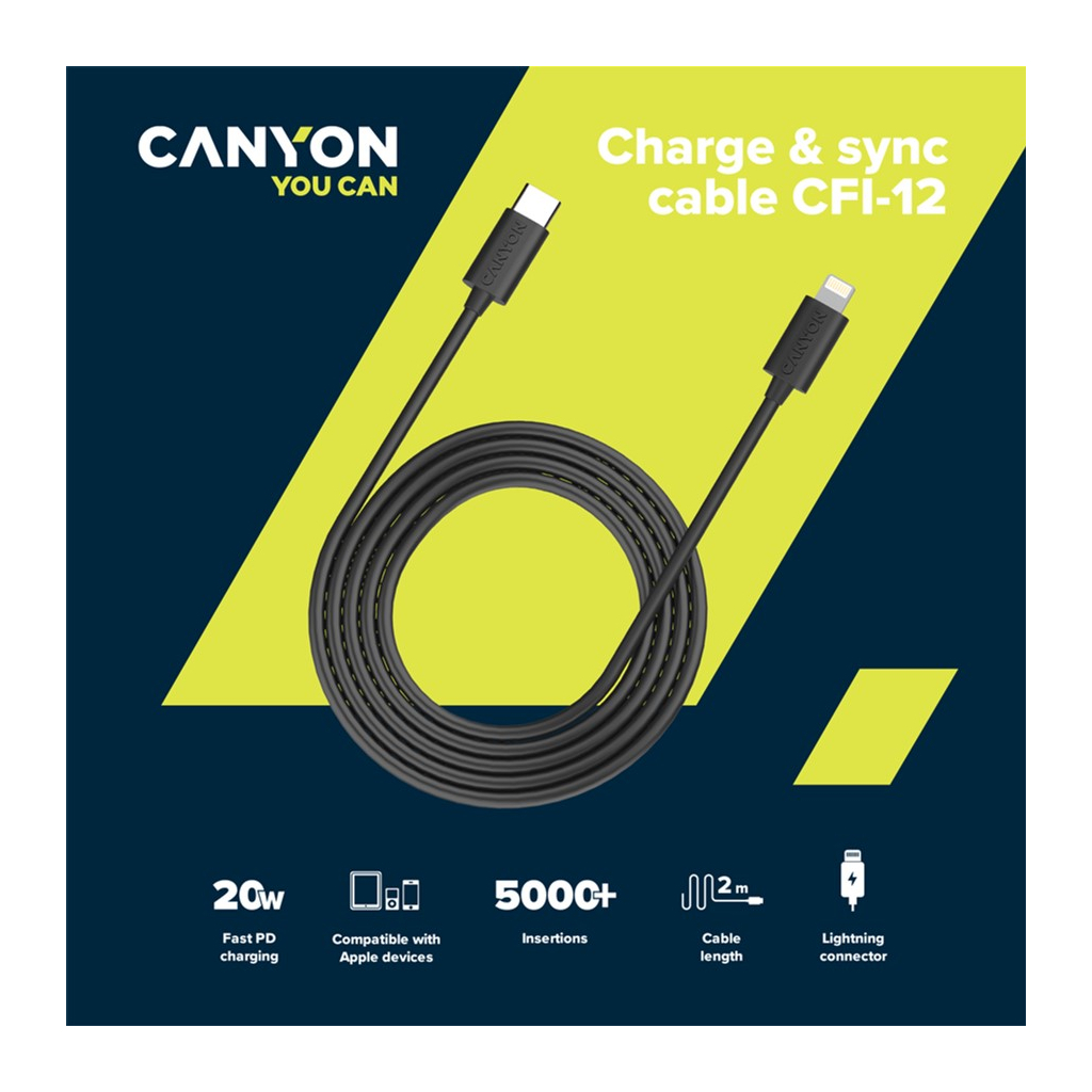 Дата кабель USB-C to Lightning 2.0m 3A Black Canyon (CNE-CFI12B) - 2