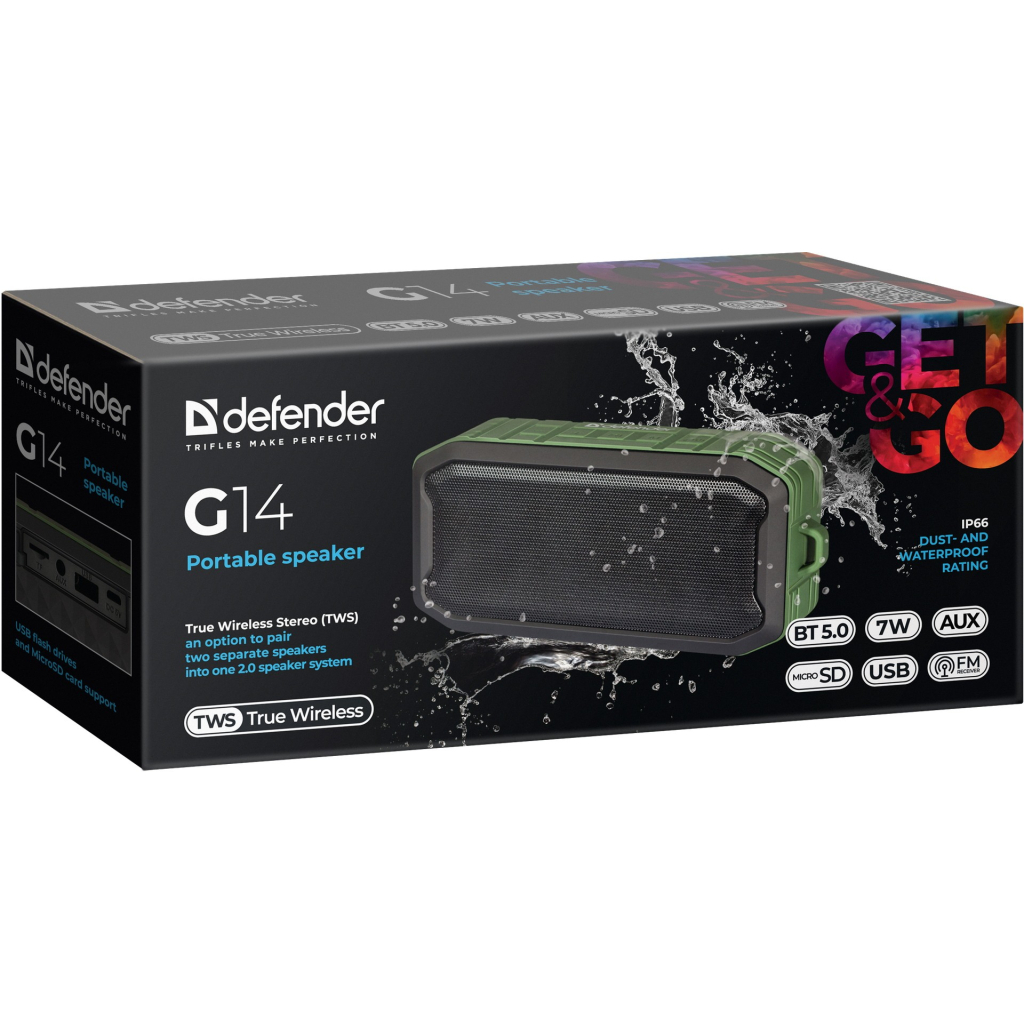 Акустическая система Defender G14 IP66 7Вт Bluetooth//FM/TF/USB/AUX Black/Green (65014) - 6