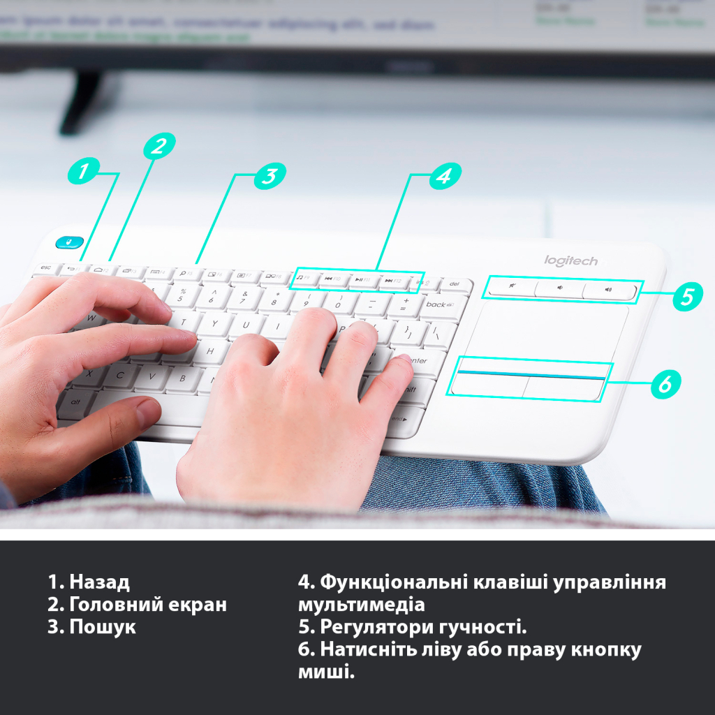 Клавиатура Logitech K400 Plus Touch Wireless UA White (920-007146) - 5