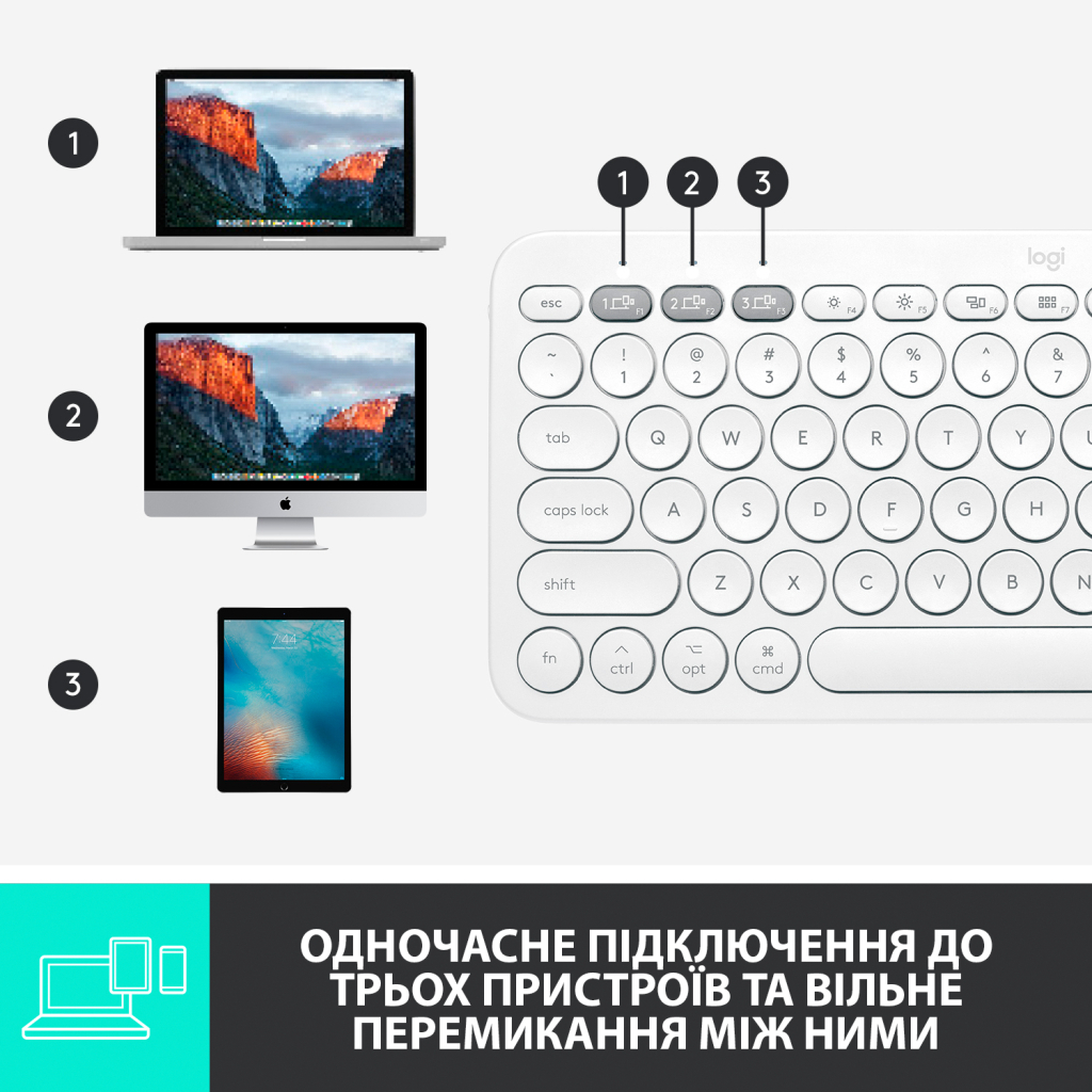 Клавиатура Logitech K380 for MAC Multi-Device Bluetooth UA Off-White (920-010407) - 6