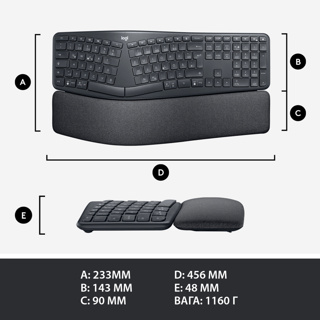 Клавиатура Logitech ERGO K860 Bluetooth/Wireless UA Black (920-010108) - 3