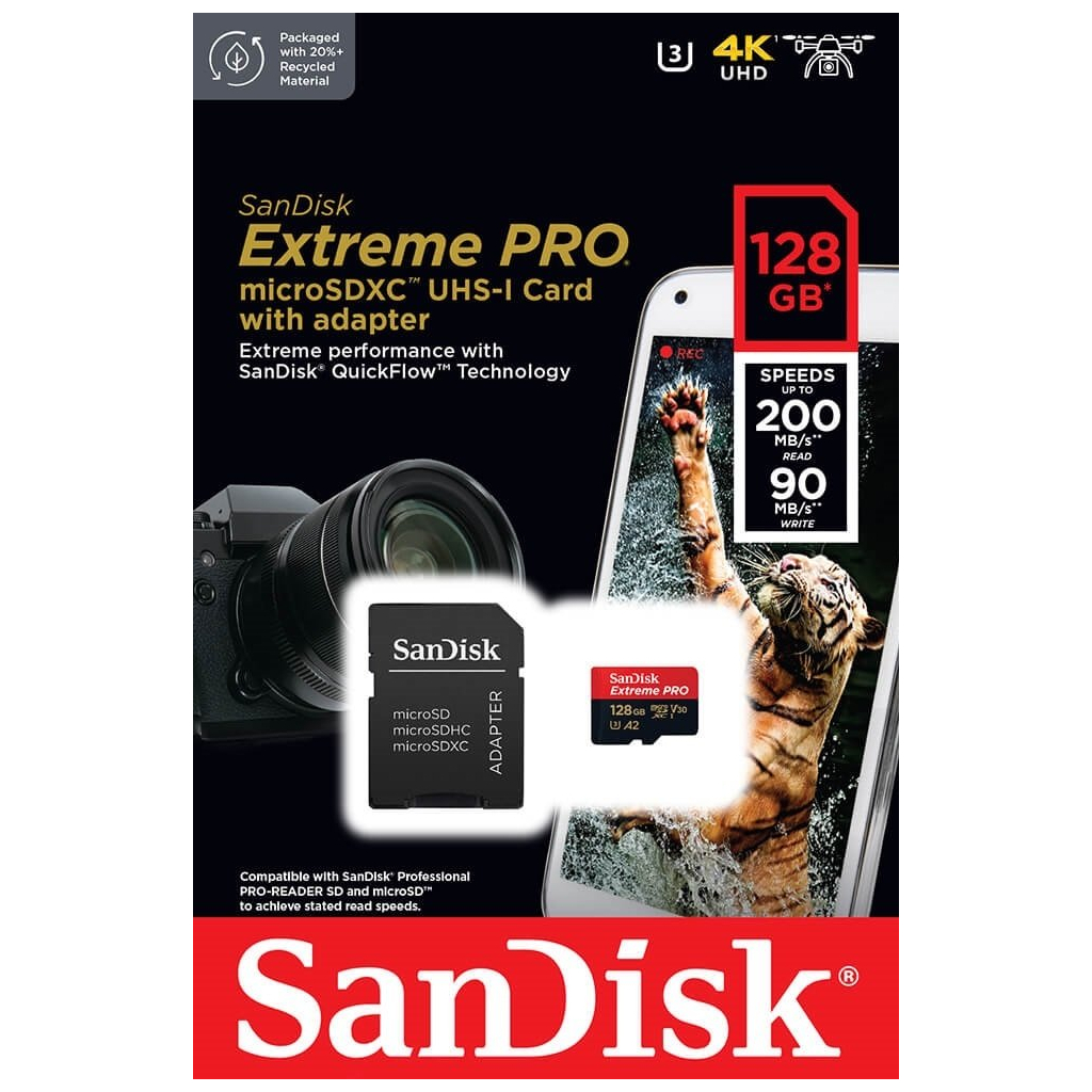 Карта памяти SanDisk 128 GB microSDXC UHS-I U3 Extreme Pro+SD Adapter (SDSQXCD-128G-GN6MA) - 4