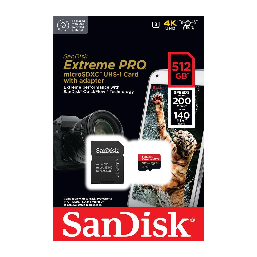 Карта памяти SanDisk 512 GB microSDXC UHS-I U3 Extreme Pro+SD Adapter (SDSQXCD-512G-GN6MA) - 3