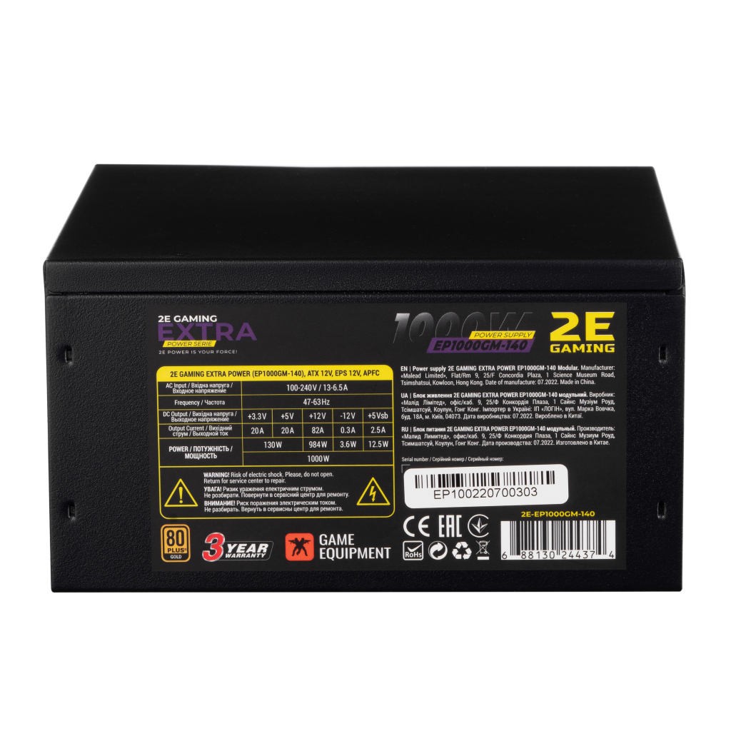 Блок питания 2E GAMING EXTRA POWER (1000W), >90, 80+ Gold, 140mm, 1xMB 24pin(20+4), 2xCPU 8pin(4+4), 4xMolex, 6x (2E-EP1000GM-140) - 6