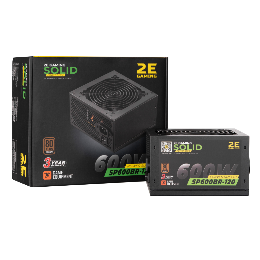 Блок питания 2E GAMING SOLID POWER (600W), >85, 80+ Bronze, 120mm, 1xMB 24pin(20+4), 1xCPU 8pin(4+4), 3xMolex, (2E-SP600BR-120)