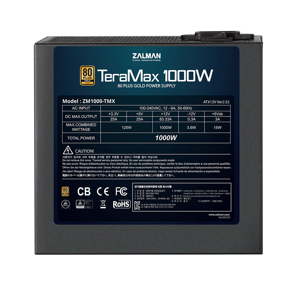 Блок питания Zalman Блок живлення Zalman TERAMAX (1000W) >90, 80+ Gold, 120mm, 1xMB 24pin(20+4)+10pin, 2xCP (ZM1000-TMX) - 3