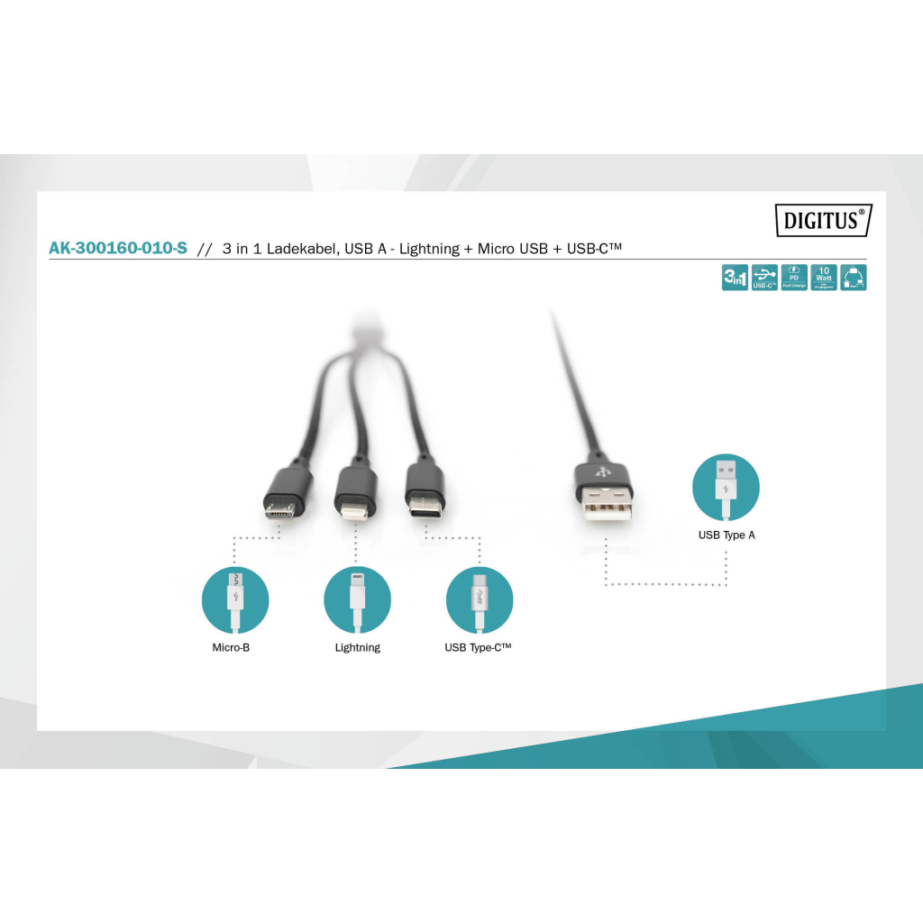 Дата кабель USB 2.0 AM to Lightning + Micro 5P + Type-C 1.0m charge only Digitus (AK-300160-010-S) - 7