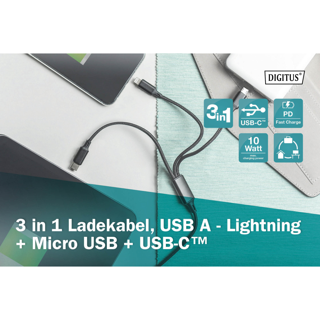 Дата кабель USB 2.0 AM to Lightning + Micro 5P + Type-C 1.0m charge only Digitus (AK-300160-010-S) - 8