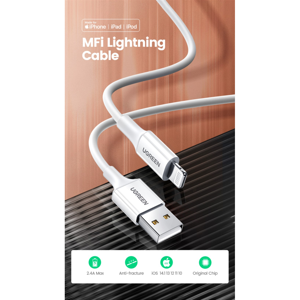 Дата кабель USB 2.0 AM to Lightning 2.0m US155 2.4A, Nickel Plating ABS Shell White Ugreen (20730) - 1