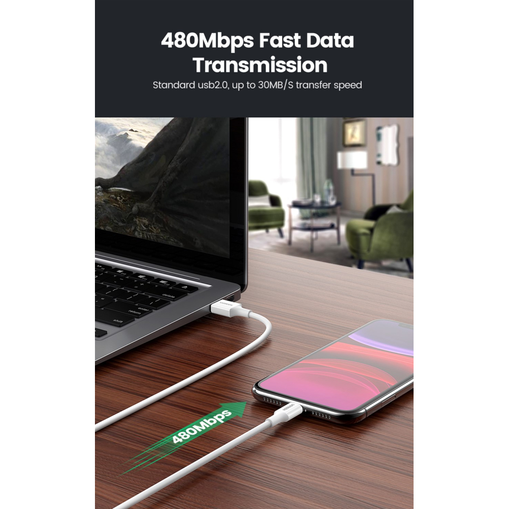 Дата кабель USB 2.0 AM to Lightning 2.0m US155 2.4A, Nickel Plating ABS Shell White Ugreen (20730) - 3