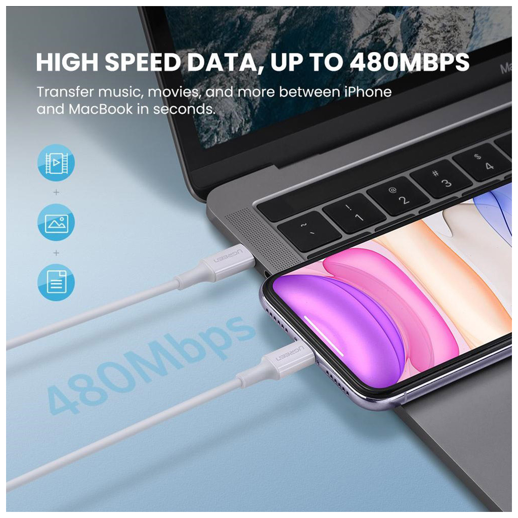 Дата кабель USB-C to Lightning 1.5m US1713A Nickel Plating ABS Shell White Ugreen (60748) - 2