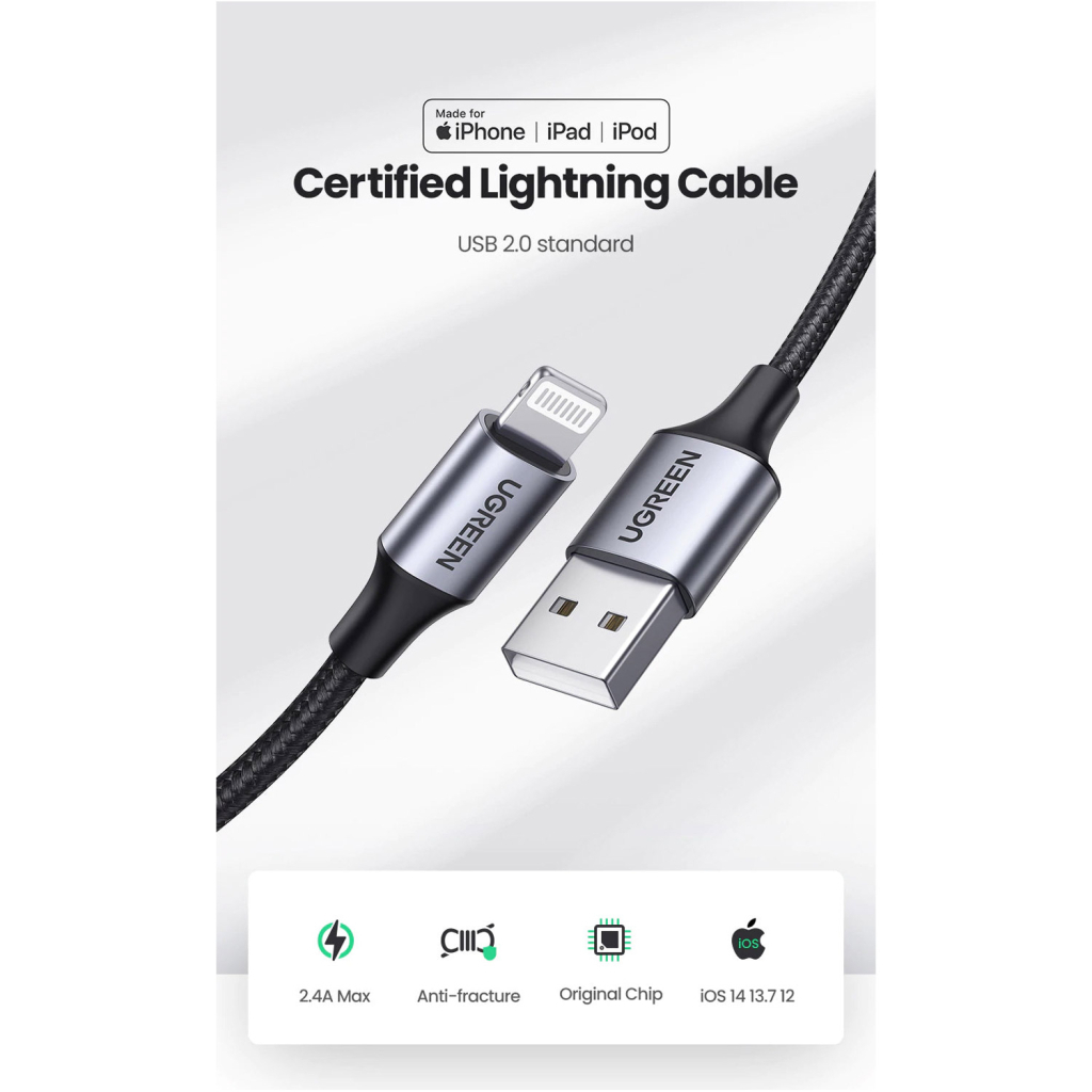 Дата кабель USB 2.0 AM to Lightning 2.0m US199 2.4A Black Ugreen (60158) - 2