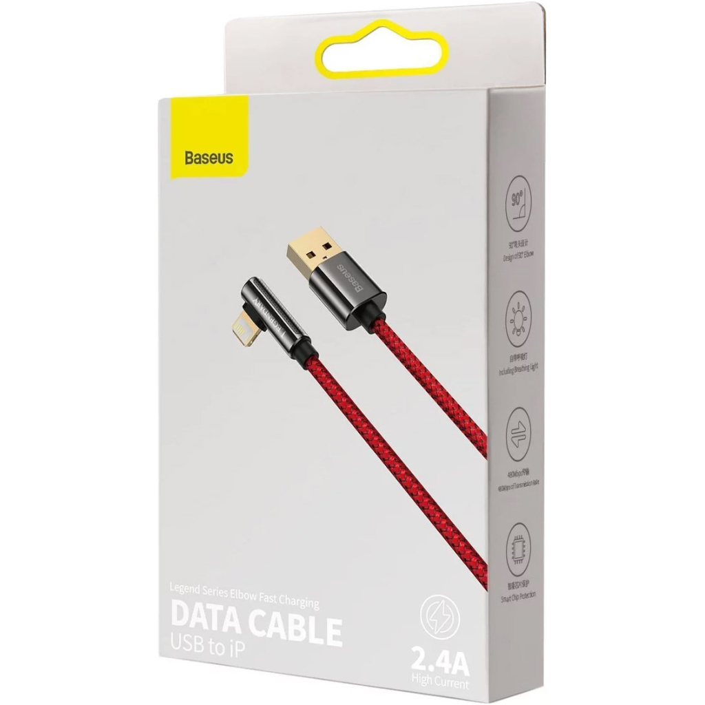 Дата кабель USB 2.0 AM to Lightning 1.0m CACS 2.4A 90 Legend Series Elbow Red Baseus (CACS000009) - 4