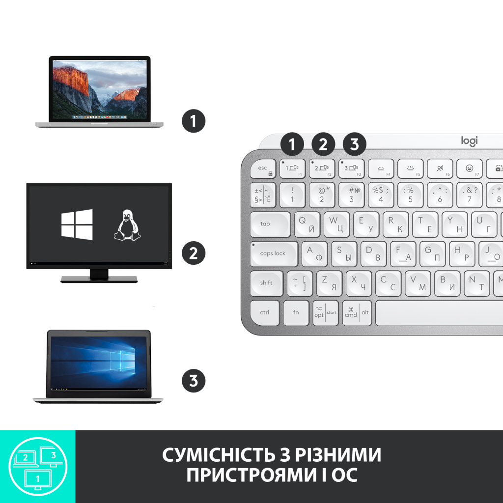 Клавиатура Logitech MX Keys Mini Wireless Illuminated UA Pale Grey (920-010499) - 6
