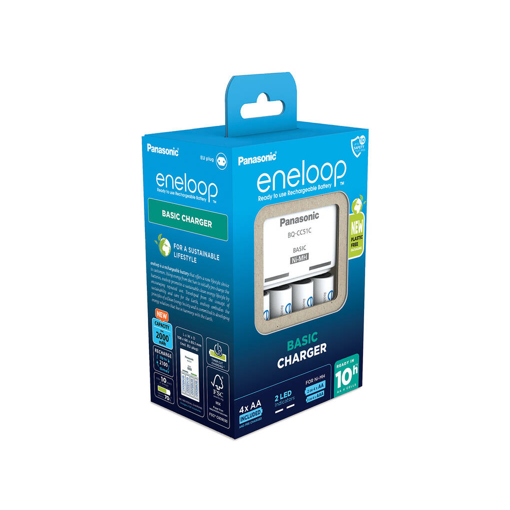 Зарядное устройство для аккумуляторов Panasonic Basic Charger + Eneloop 4AA 2000 mAh New (K-KJ51MCD40E) - 1