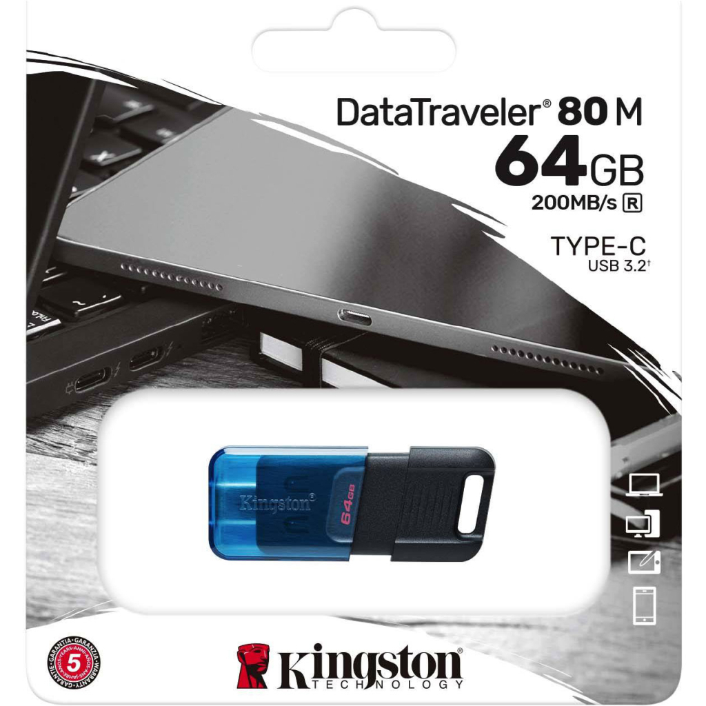 USB флеш накопитель Kingston 64GB DataTraveler 80 M USB-C 3.2 Blue/Black (DT80M/64GB) - 5