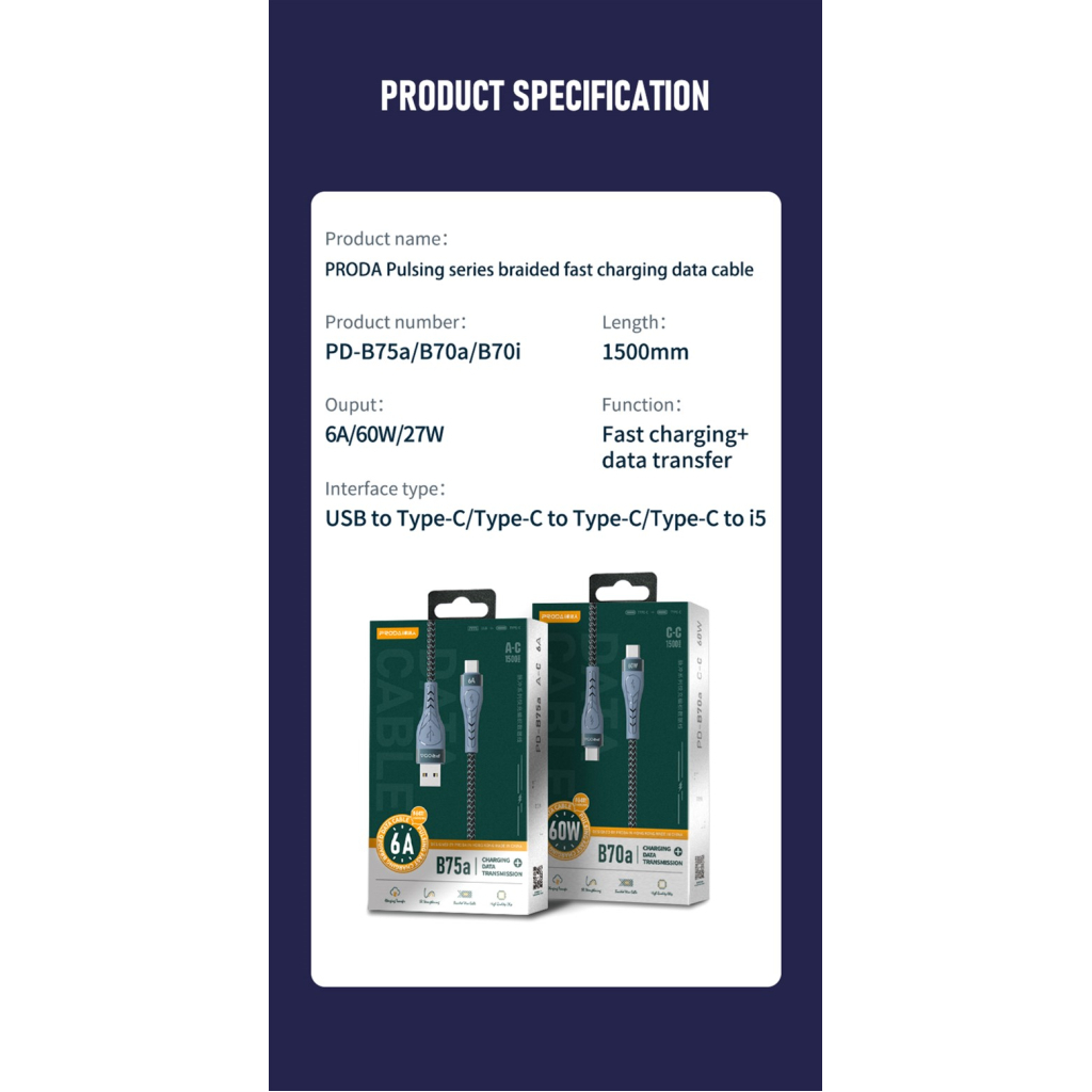 Дата кабель USB-C to Lightning 1.5m PD-B70i 27W 5А black Proda (PD-B70i-GR) - 3