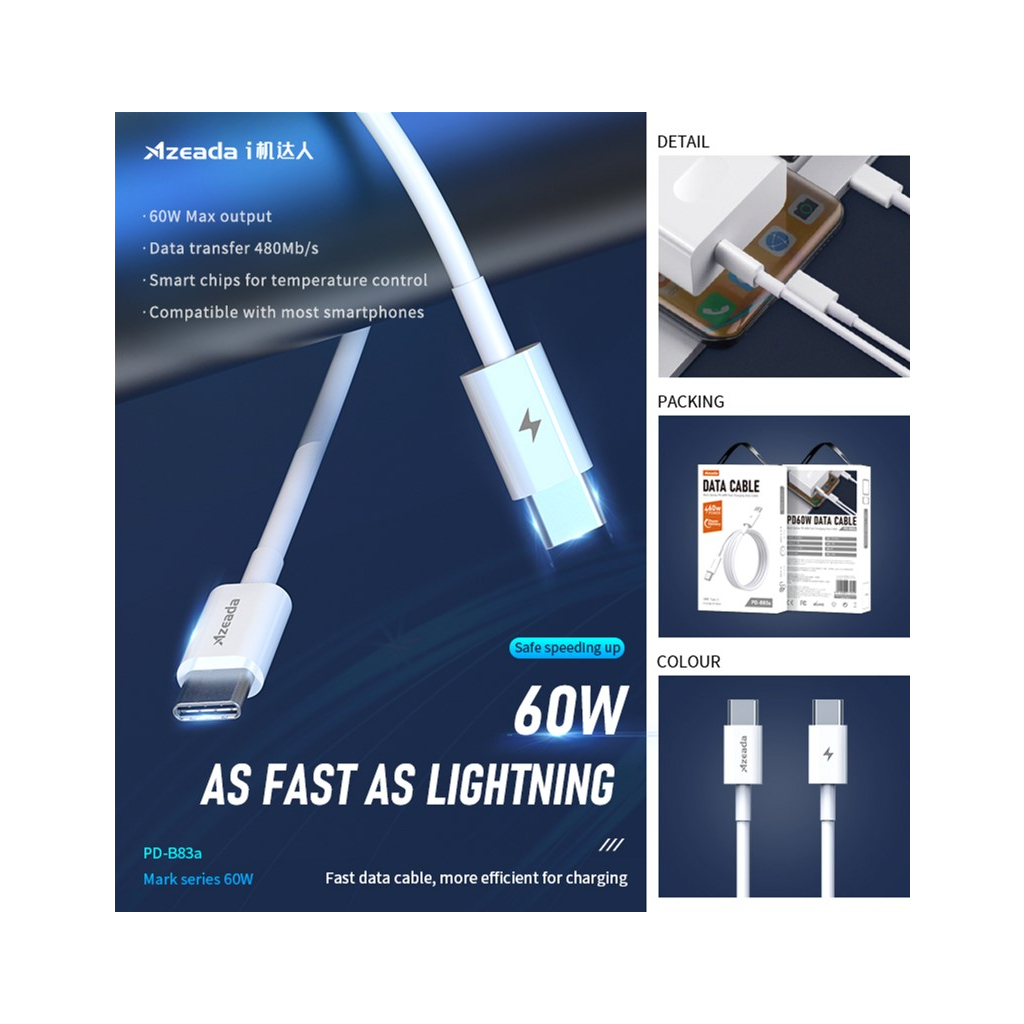 Дата кабель USB-C to USB-C 1.0m PD-B83a 60W Proda (PD-B83a-WHT) - 3