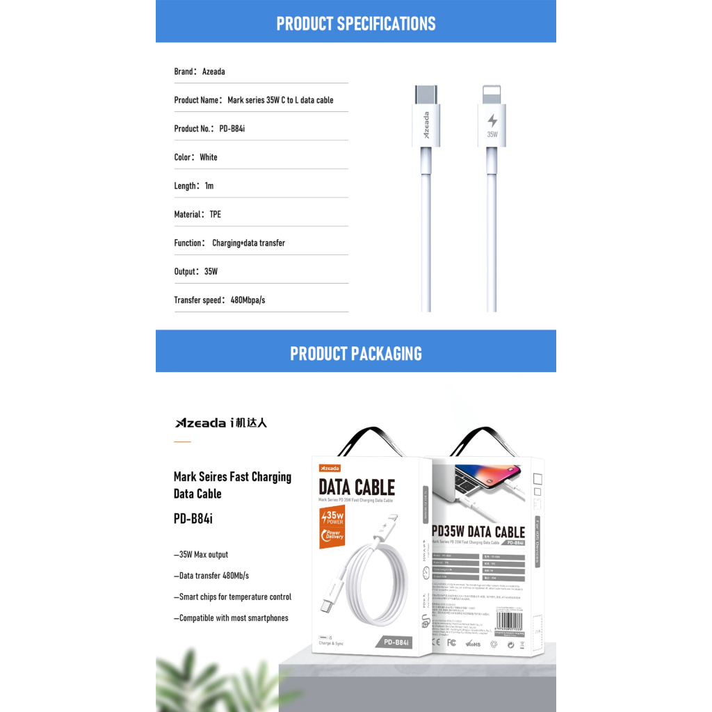 Дата кабель USB-C to Lightning 1.0m PD-B84i 35W Proda (PD-B84i-WHT) - 1