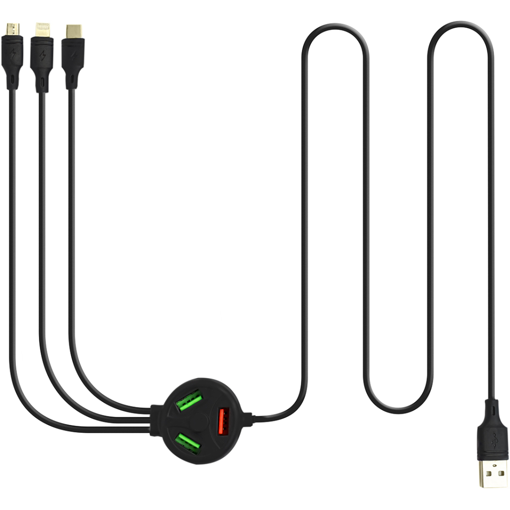 Дата кабель 6in1 + hub SC-3000 USB to 3X USB - Lightning/MicroUSB/USB-C Black XoKo (SC-3000BK) - 1