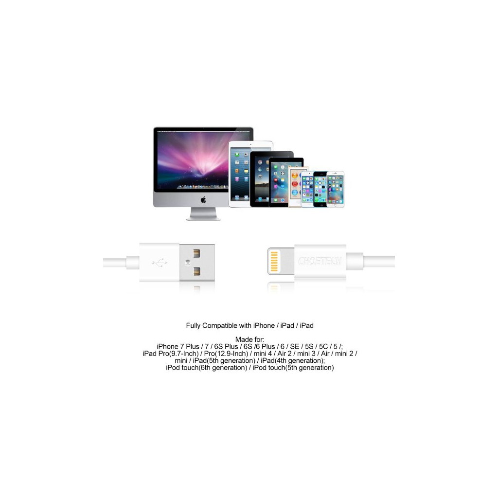 Дата кабель USB 2.0 AM to Lightning 1.2m 2.1A MFI White Choetech (IP0026-WH) - 7