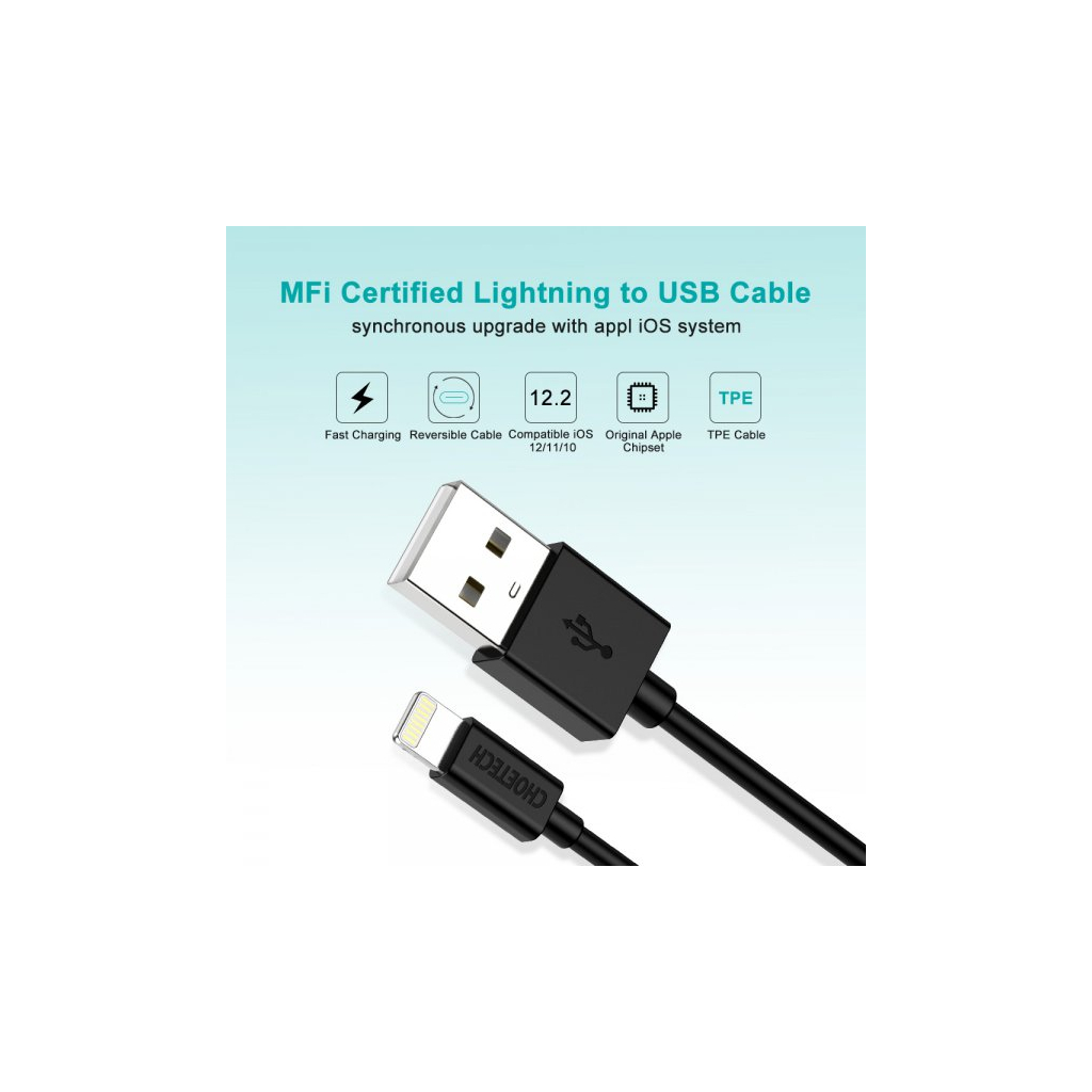 Дата кабель USB 2.0 AM to Lightning 1.2m 2.1A MFI Black Choetech (IP0026-BK) - 4