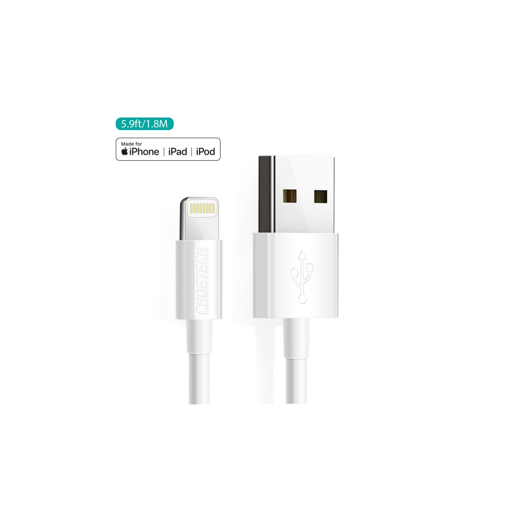 Дата кабель USB 2.0 AM to Lightning 1.8m 2.1A MFI White Choetech (IP0027-WH) - 1