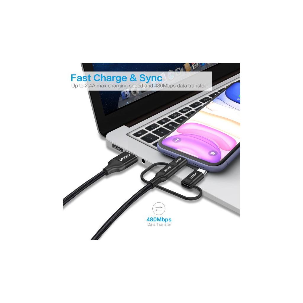 Дата кабель USB 2.0 AM to Lightning + Micro 5P + Type-C 1.2m MFI Choetech (IP0030-BK) - 5